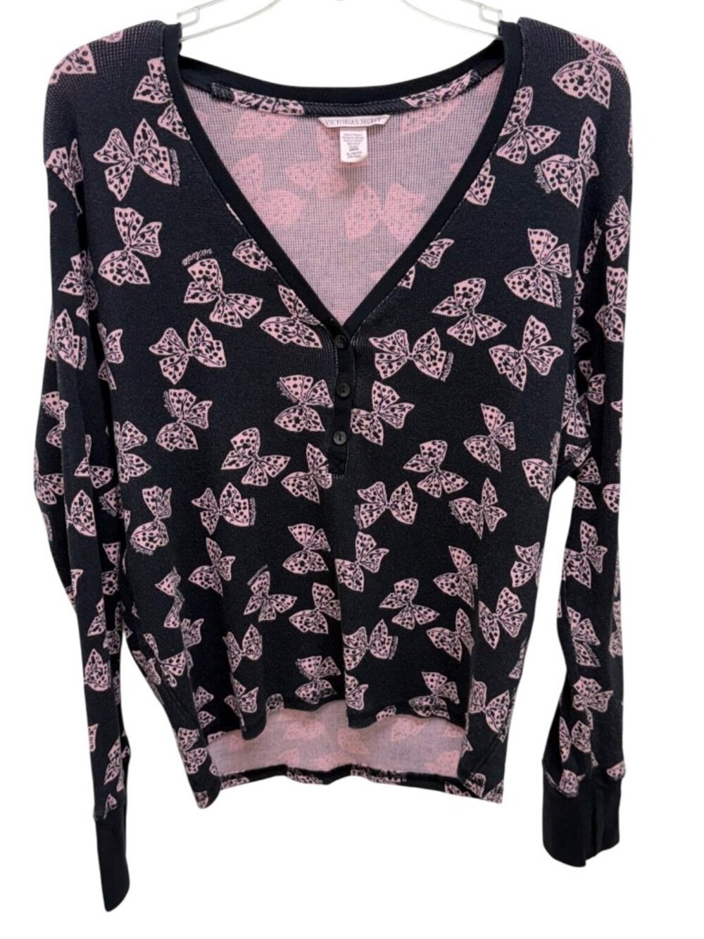 Victoria’s Secret Thermal Henley Top – Black & Pink Bow Print Women’s XL
